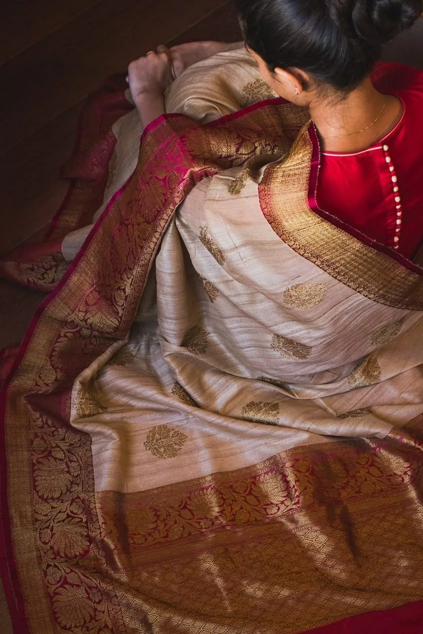 Beige Banarasi Saree with Crimson Zari Border