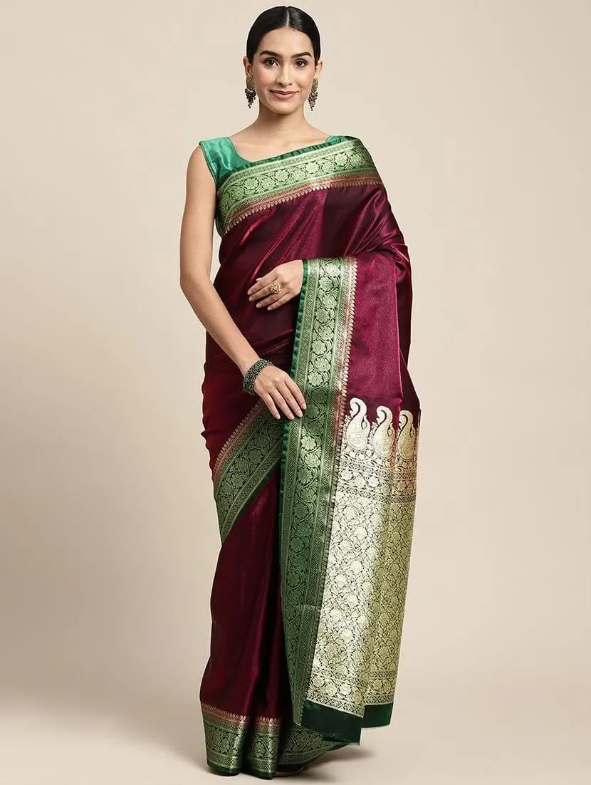 Wine Banarasi Saree with Emerald Zari Border